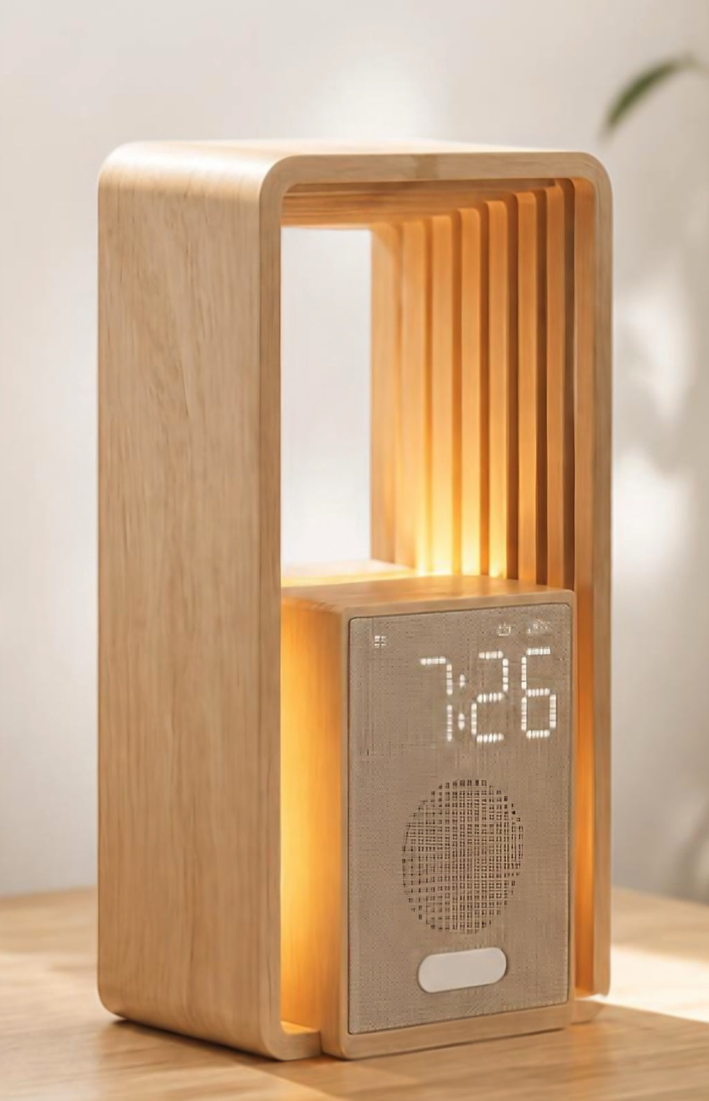 Réveil lumière Ouaah en bois clair, lumière douce et affichage 7:26