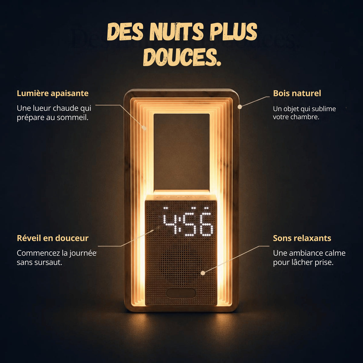 Ouaah : lumière apaisante, bois naturel, réveil en douceur, sons relaxants